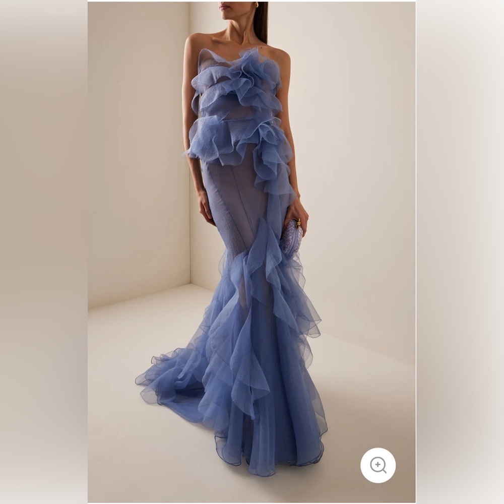 Blue Chiffon Ruffle Strapless Maxi Dress Formal Evening Gown